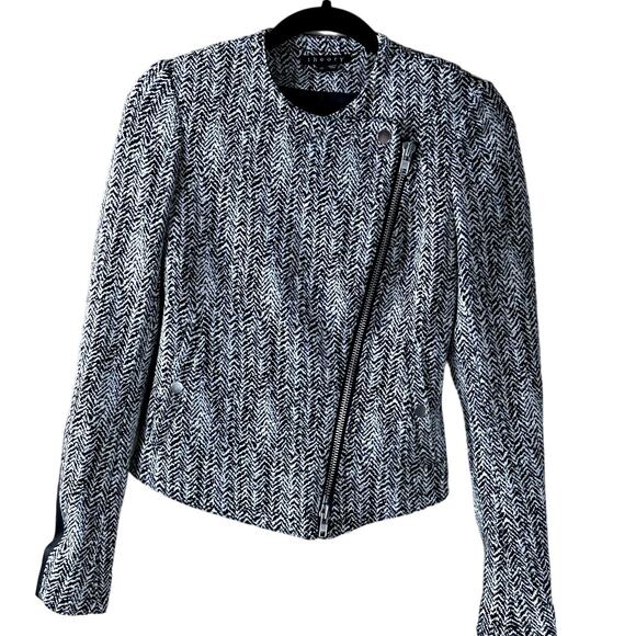 Theory Joean Herringbone Leather Trim Moto Jacket Women Size 00 Y2K Biker Retro - Picture 1 of 7